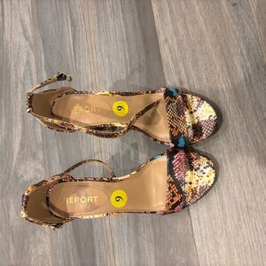 Report Multicolor Snake-Print Ankle-Strap Sandals (Pink, Blue, Yellow, Brown)